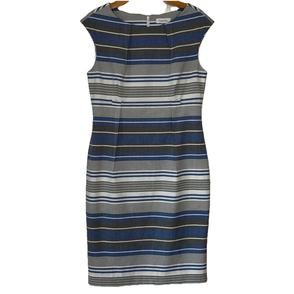 Calvin Klein Sheath Dress 10 Blue White Gray Strip Y2K Classic Timeless*NO BELT